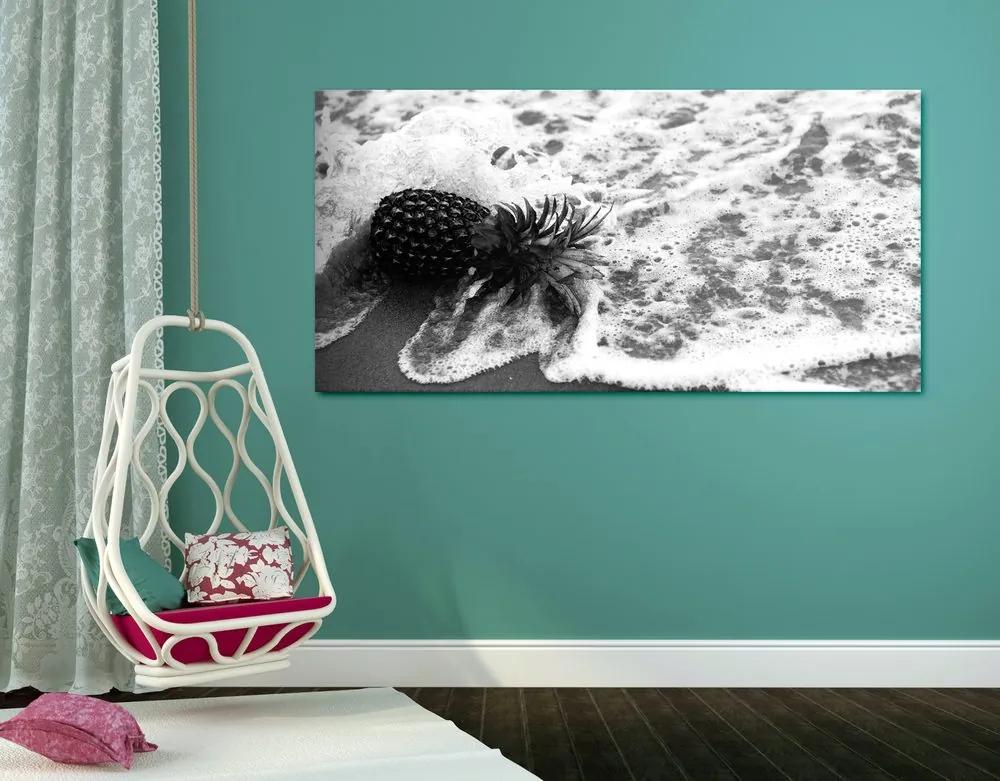 Εικόνα ενός ανανά σε ένα κύμα ωκεανού σε μαύρο & άσπρο