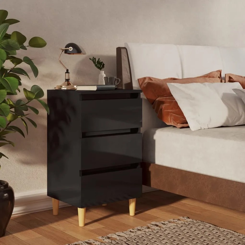 vidaXL Κομοδίνο Γυαλιστερό Μαύρο 40x35x69 εκ. με Μασίφ Ξύλινα Πόδια