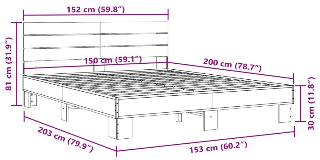 Πλαίσιο Κρεβατιού Καπνιστή Δρυς 150x200εκ. Επεξ. Ξύλο &amp; Μέταλλο - Καφέ