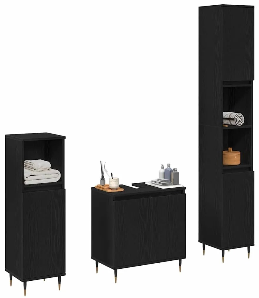 vidaXL Σετ Επίπλων Μπάνιου με πόρτα 3 pcs Μαύρη Οξυά 30 x 30 x 190 εκ