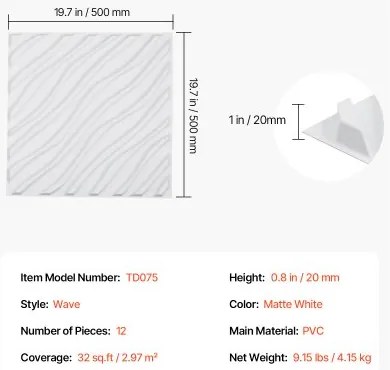 VEVOR 3D Wall Panels 12-Pack 19.7x19.7&#039;&#039; PVC 32 Sq.Ft Coverage Wave Matte White