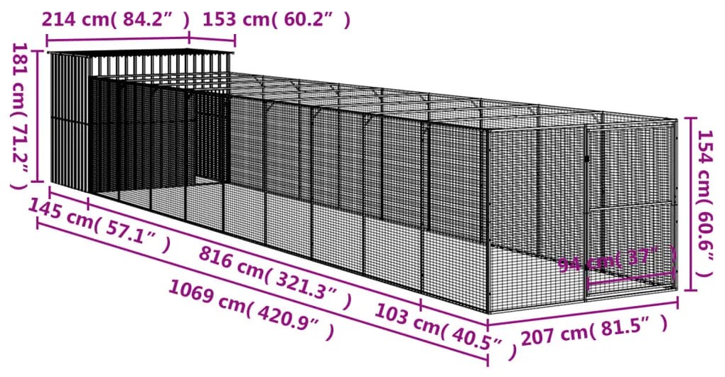 Σπιτάκι Σκύλου με Αυλή Αν. Γκρι 214x1069x181 εκ Γαλβαν. Χάλυβας - Γκρι