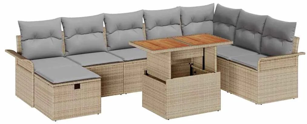 vidaXL Σετ Καναπέ Κήπου με μαξιλάρι 9 pcs Μπεζ Πολυ ράταν