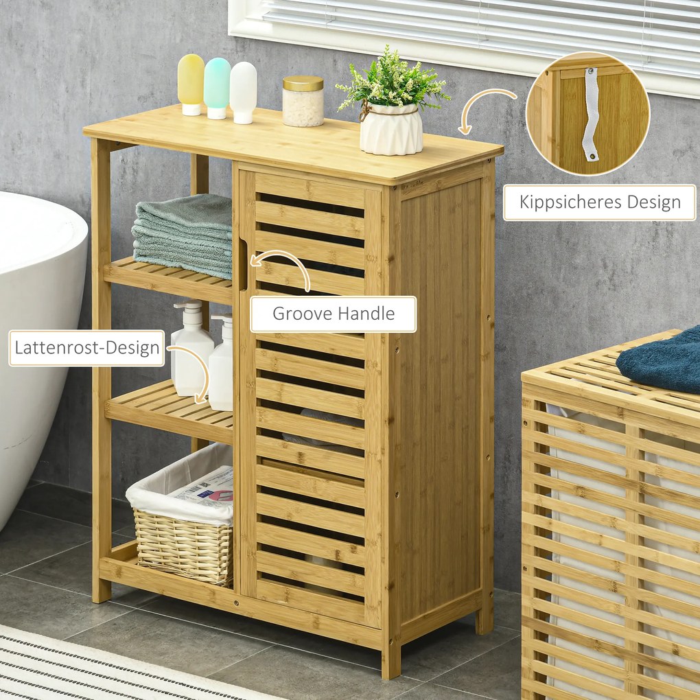 Ντουλάπι μπάνιου kleankin από μπαμπού, 3 ράφια, 1 ντουλάπι με περσίδες πόρτες, φυσικό
