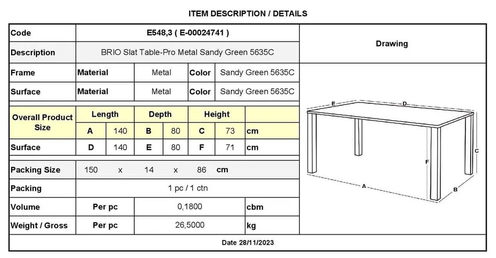BRIO Flat Τραπέζι Κήπου - Βεράντας, Μέταλλο Βαφή Sandy Green 5635C 140x80x73cm