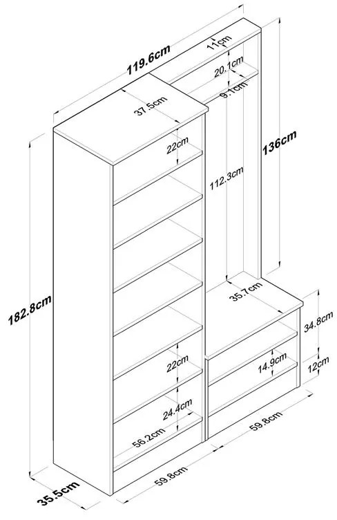 Έπιπλο εισόδου Nafdo καρυδί-λευκό μελαμίνης 119.6x35.5x182.8εκ 119.6x35.5x182.8 εκ.