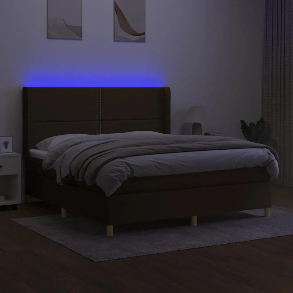 Κρεβάτι Boxspring με Στρώμα &amp; LED Σκ.Καφέ 180x200εκ. Υφασμάτινο - Καφέ