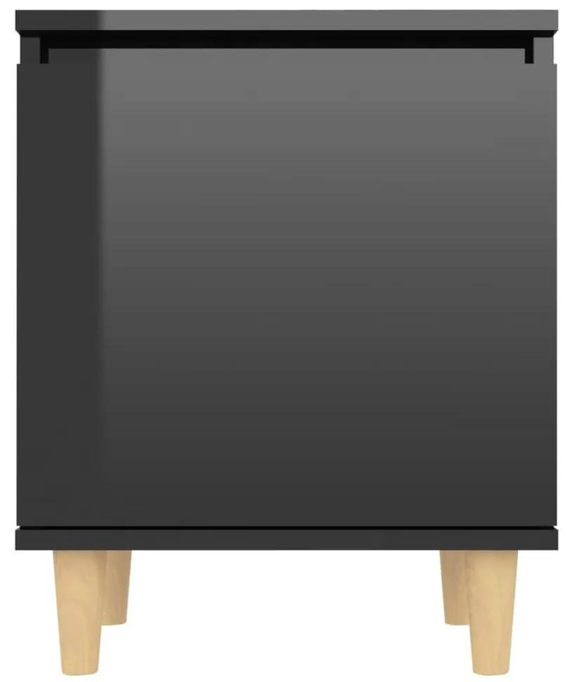 Κομοδίνο Γυαλιστερό Μαύρο 40 x 30 x 50 εκ με Μασίφ Ξύλινα Πόδια - Μαύρο