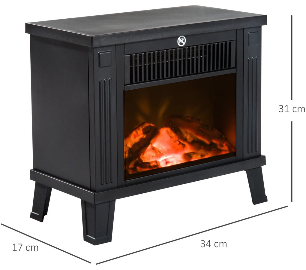 HOMCOM Ηλεκτρικό Τζάκι Ηλεκτρικό Τζάκι Σόμπα Τζάκι Επιτραπέζιο Τζάκι με Εφέ Φλόγας 600/1200W, Μέταλλο, Μαύρο, 34x17x31 cm