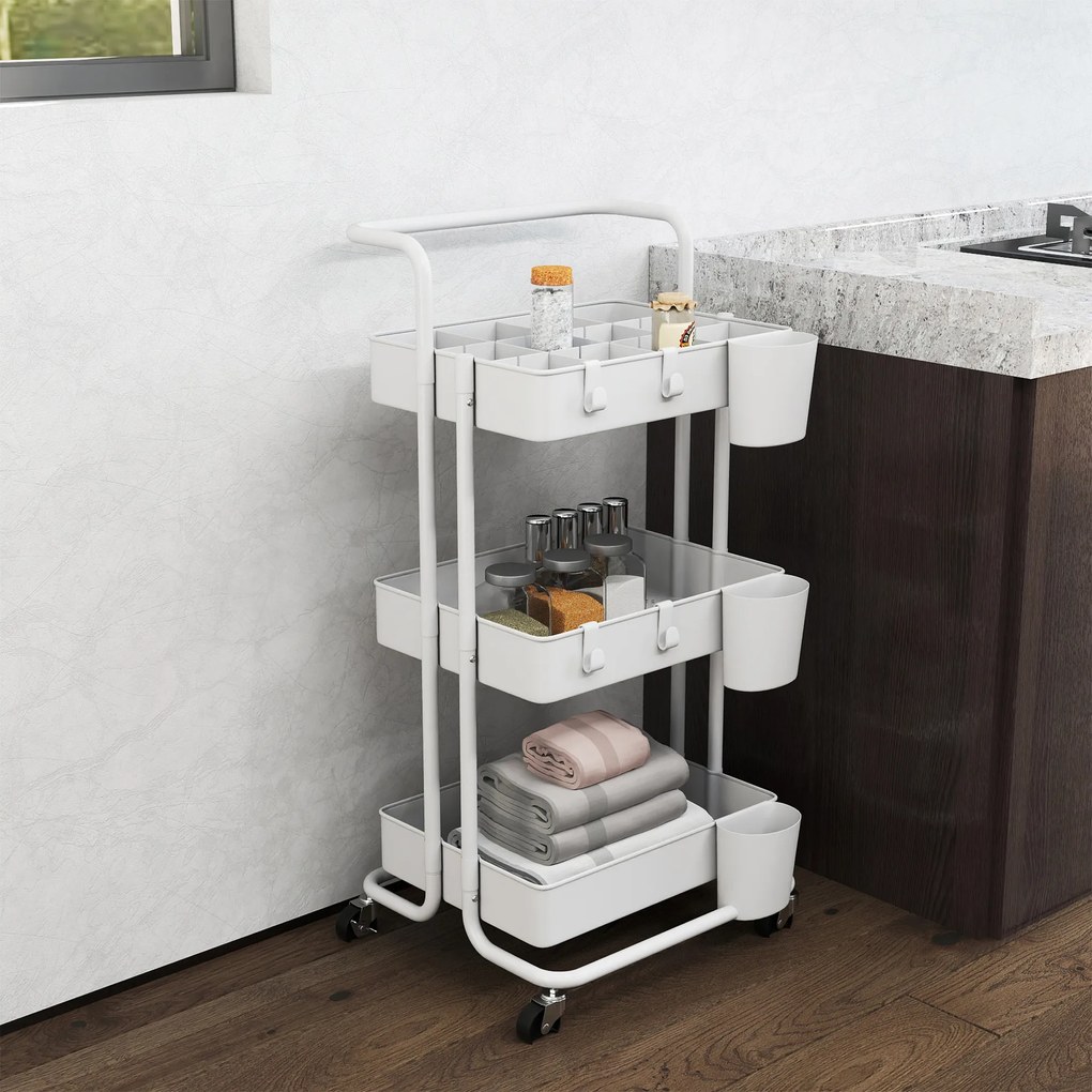 HOMCOM Τροχήλατο Καρότσι, Καρότσι Σερβιρίσματος, 3 Καλάθια Αποθήκευσης, 3 Κρεμαστά Κουτιά, 4 Γάντζοι, Μεταλλικό Πλαίσιο, 42 x 38 x 86,5cm, Λευκό