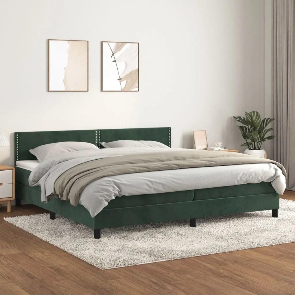 Κρεβάτι Boxspring με Στρώμα Σκούρο Πράσινο 200x200εκ. Βελούδινο - Πράσινο