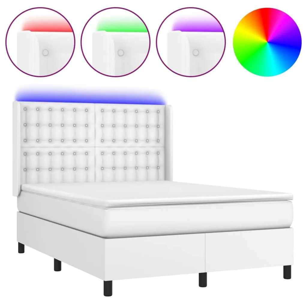 Κρεβάτι Boxspring με Στρώμα &amp; LED Λευκό 140x200 εκ. Συνθ. Δέρμα - Λευκό