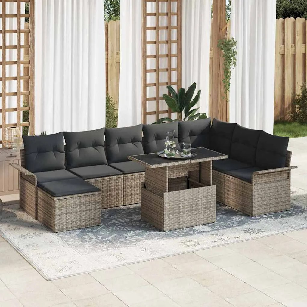 vidaXL Σετ Καναπέ Κήπου με μαξιλάρι 9 pcs Γκρι Πολυ ράταν
