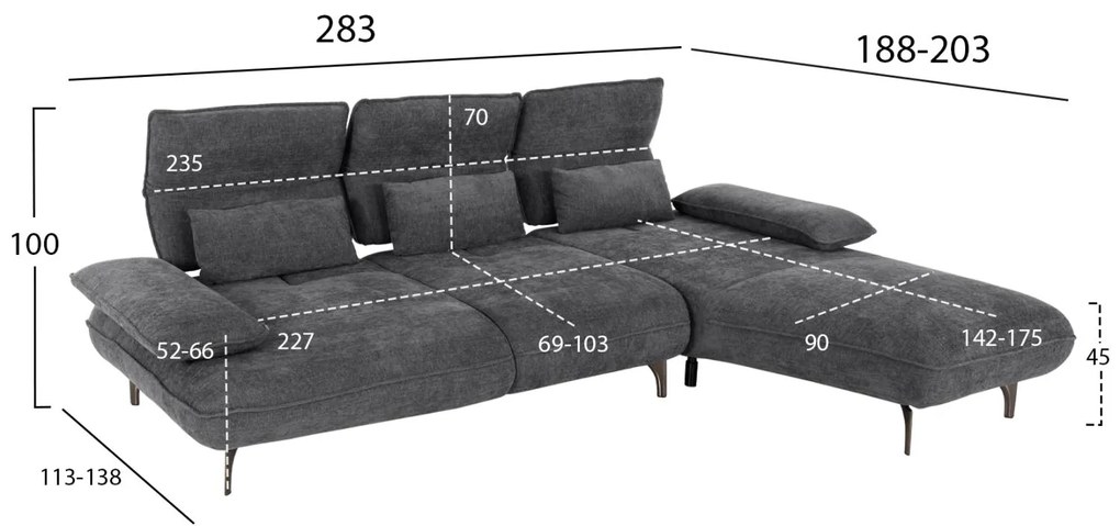 Γωνιακός Καναπές CONVERT C3268.03R Δεξιά Γωνία Ύφασμα Γκρί 283x188x100Υεκ. 283x188x100 εκ.