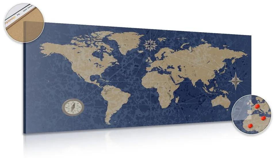 Εικόνα στον παγκόσμιο χάρτη φελλού με πυξίδα σε ρετρό στυλ σε μπλε φόντο - 120x60  flags