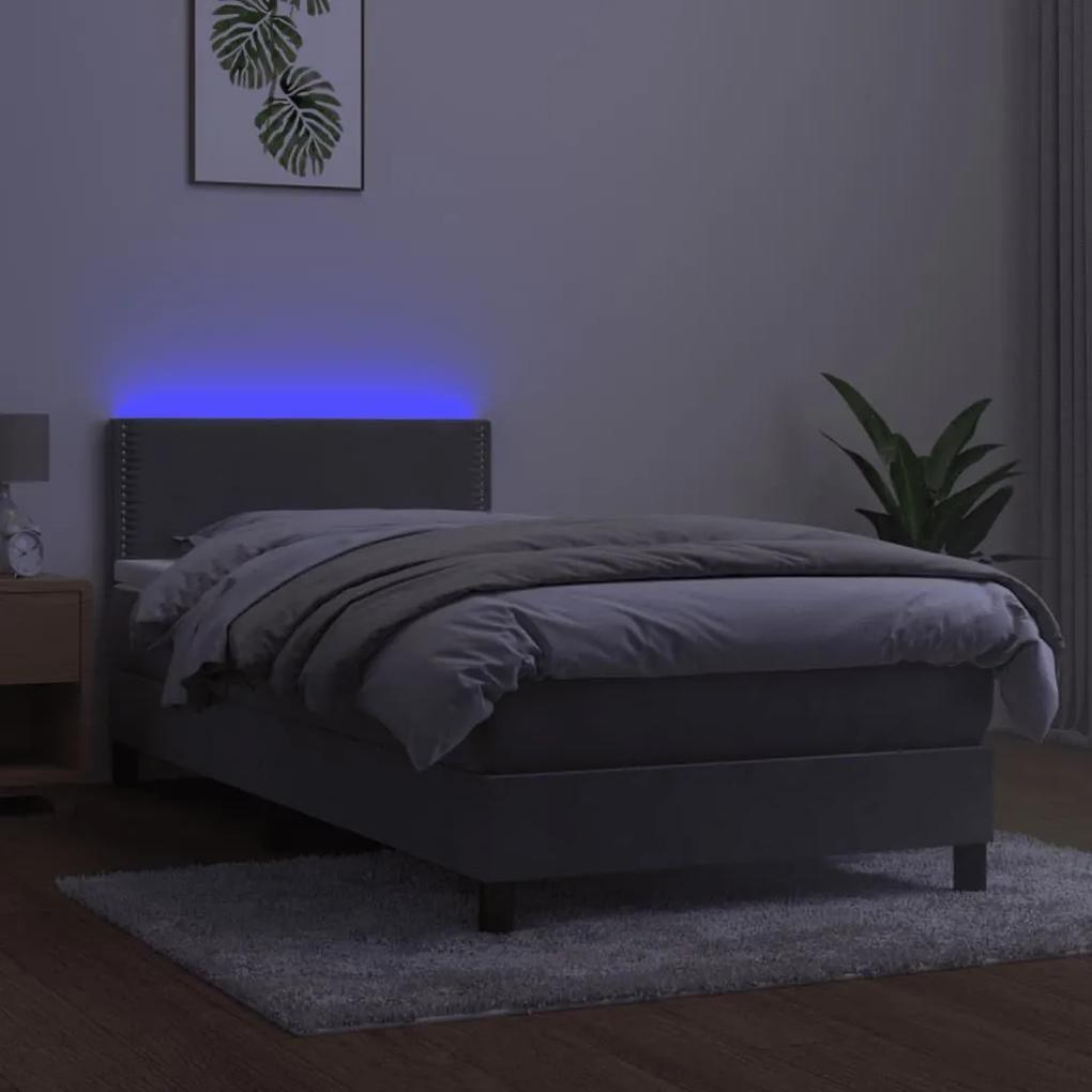 Κρεβάτι Boxspring με Στρώμα &amp; LED Αν.Γκρι 90x200 εκ. Βελούδινο - Γκρι