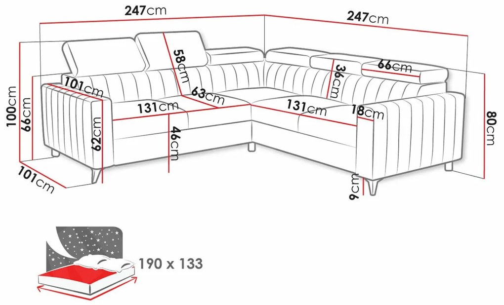 Γωνιακός Καναπές Columbus 201, Λειτουργία ύπνου, Αποθηκευτικός χώρος, 247x247x80cm, 165 kg, Πόδια: Πλαστική ύλη, Μέταλλο | Epipla1.gr