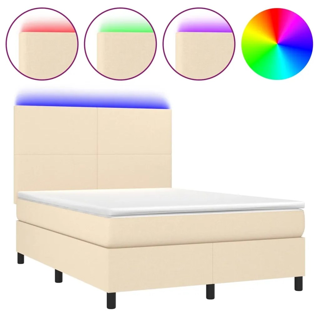 vidaXL Κρεβάτι Boxspring με Στρώμα & LED Κρεμ 140x200 εκ. Υφασμάτινο