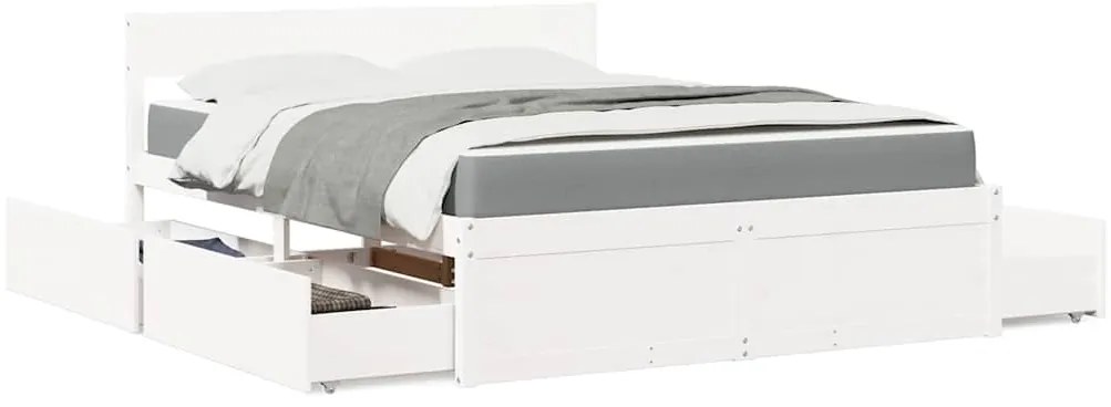 vidaXL Κρεβάτι με Συρτάρια+Στρώμα Λευκό 140x200 εκ. Μασίφ Ξύλο Πεύκου