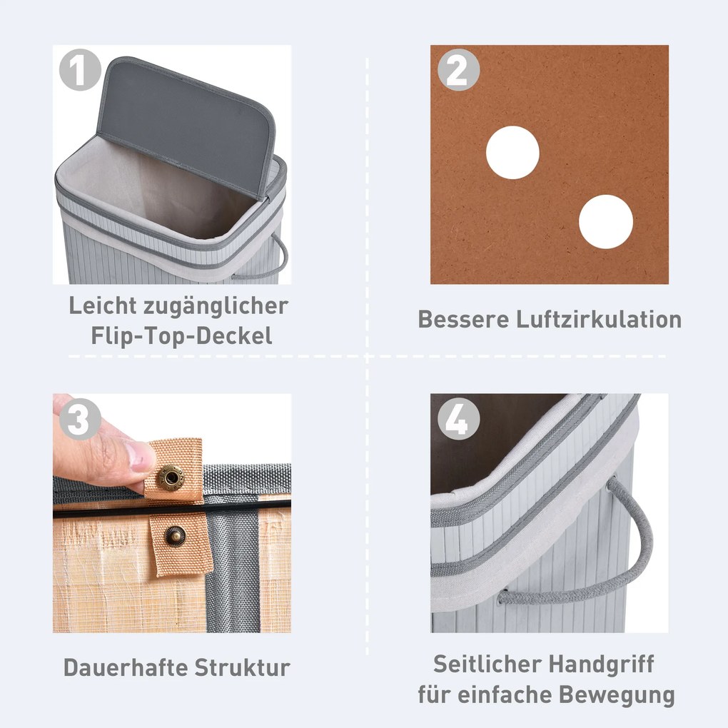 HOMCOM Καλάθι Απλυτων, 70 L Συλλέκτης Απλυτων με Καπάκι, Αφαιρούμενο Εσωτερικό, Κουτί Απλυτων για Μπάνιο, 40 x 30 x 60 cm, Γκρι