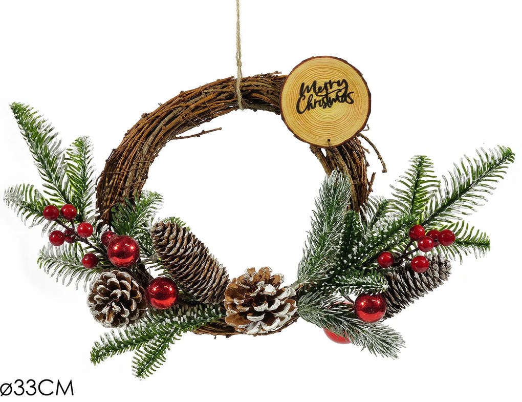 Χριστουγεννιάτικη Πόρτα Στεφάνι Με Φιόγκο Και Κόκκινα Στολίδια Φ33cm