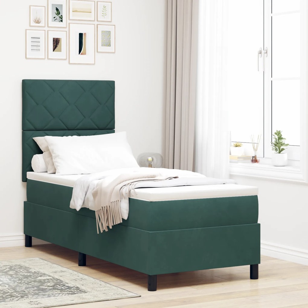 vidaXL Κρεβάτι Box Spring με Στρώμα & LED σε Σκούρο Πράσινο 80x200 εκ. Βελούδο