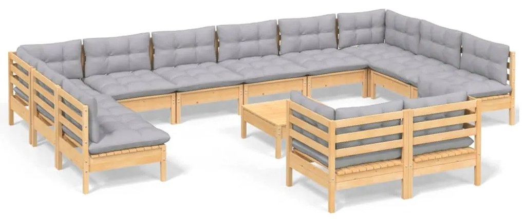 vidaXL Σαλόνι Κήπου Σετ 13 Τεμαχίων Μασίφ Ξύλο Πεύκου &amp; Γκρι Μαξιλάρια
