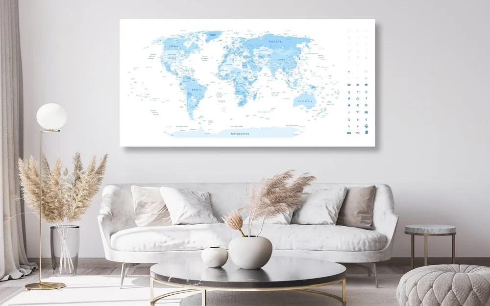 Εικόνα στο φελλό λεπτομερής παγκόσμιος χάρτης σε μπλε - 100x50  color mix