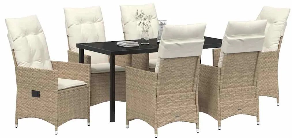 vidaXL Σέτ φαγητού για κήπο με μαξιλάρι 7 pcs Μπεζ Πολυ ράταν