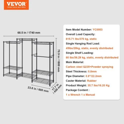 VEVOR Heavy Duty Clothes Rack, Rolling Clothing Garment Rack with 4 Hang Rods &amp; 8 Storage Tiers, Adjustable Custom Closet Rack, Freestanding Wardrobe for Hanging Clothes, 800 lbs Load Capacity