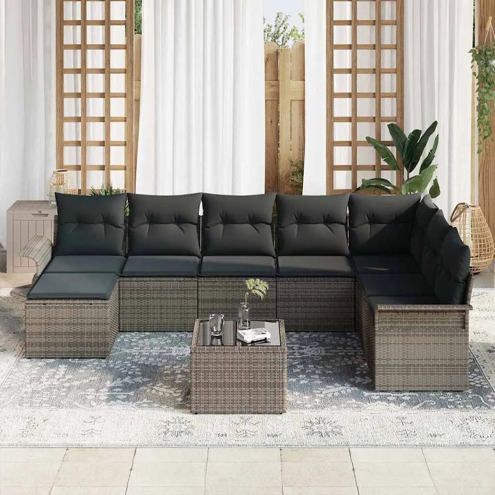 vidaXL Σετ Καναπέ Κήπου με μαξιλάρι 9 pcs Γκρι Πολυ ράταν
