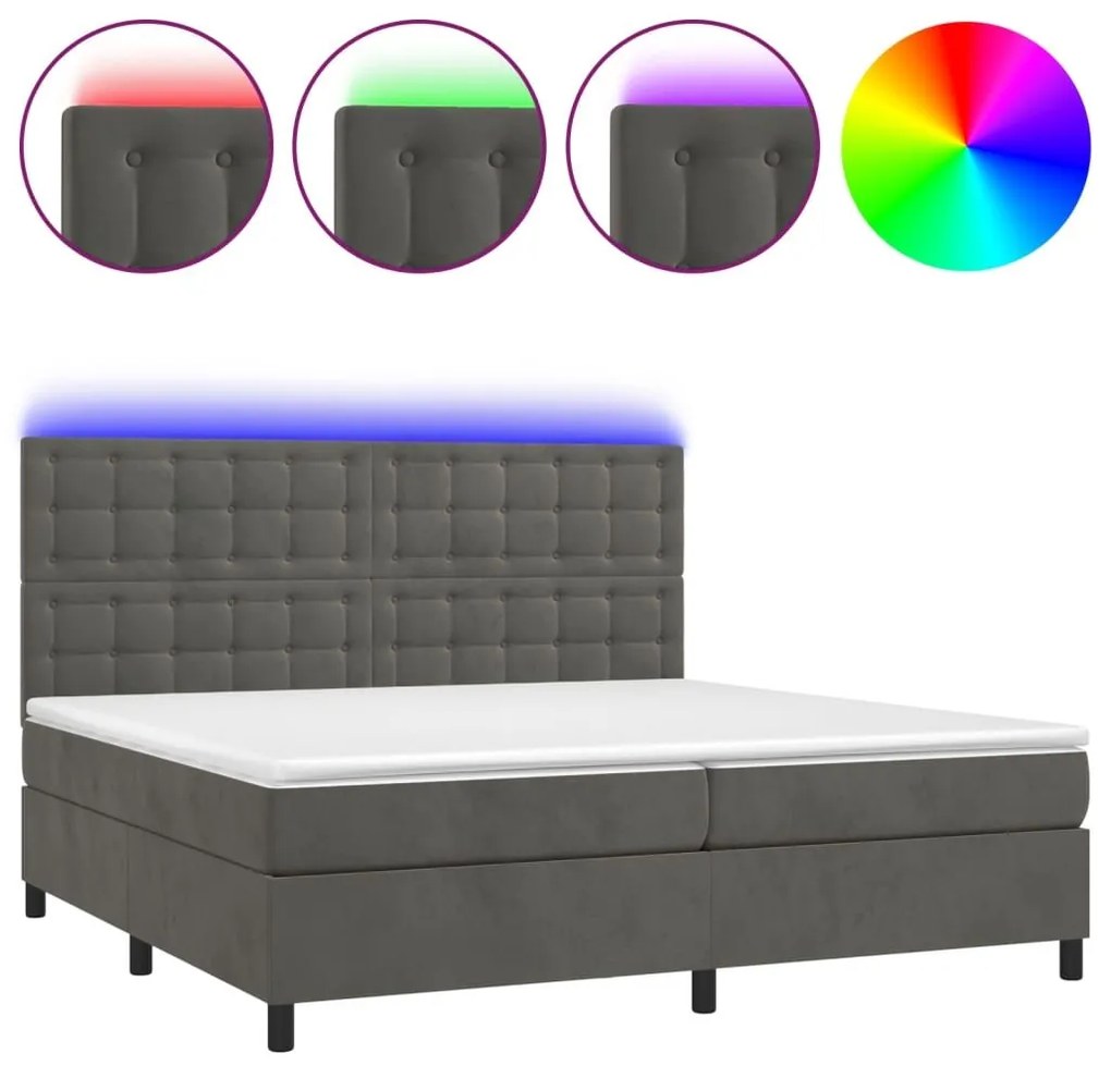 Κρεβάτι Boxspring με Στρώμα &amp; LED Σκ. Γκρι 200x200εκ. Βελούδινο - Γκρι