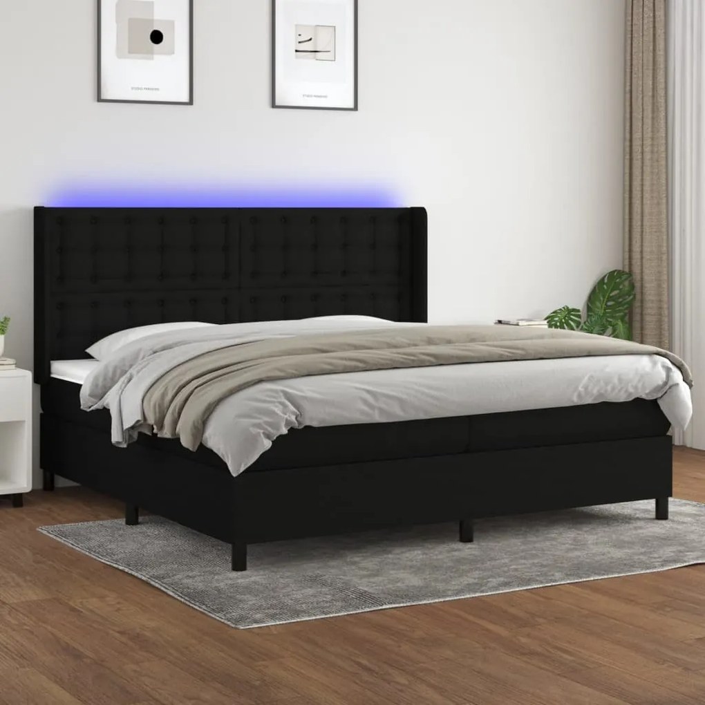 vidaXL Κρεβάτι Boxspring με Στρώμα & LED Μαύρο 200x200 εκ. Υφασμάτινο