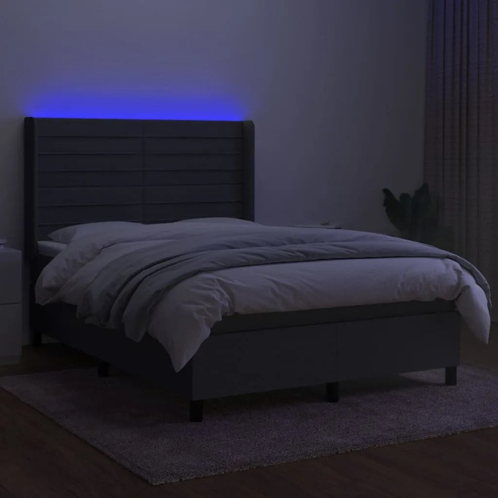 vidaXL Κρεβάτι Boxspring με Στρώμα &amp; LED Σκ.Γκρι 140x200 εκ Υφασμάτινο