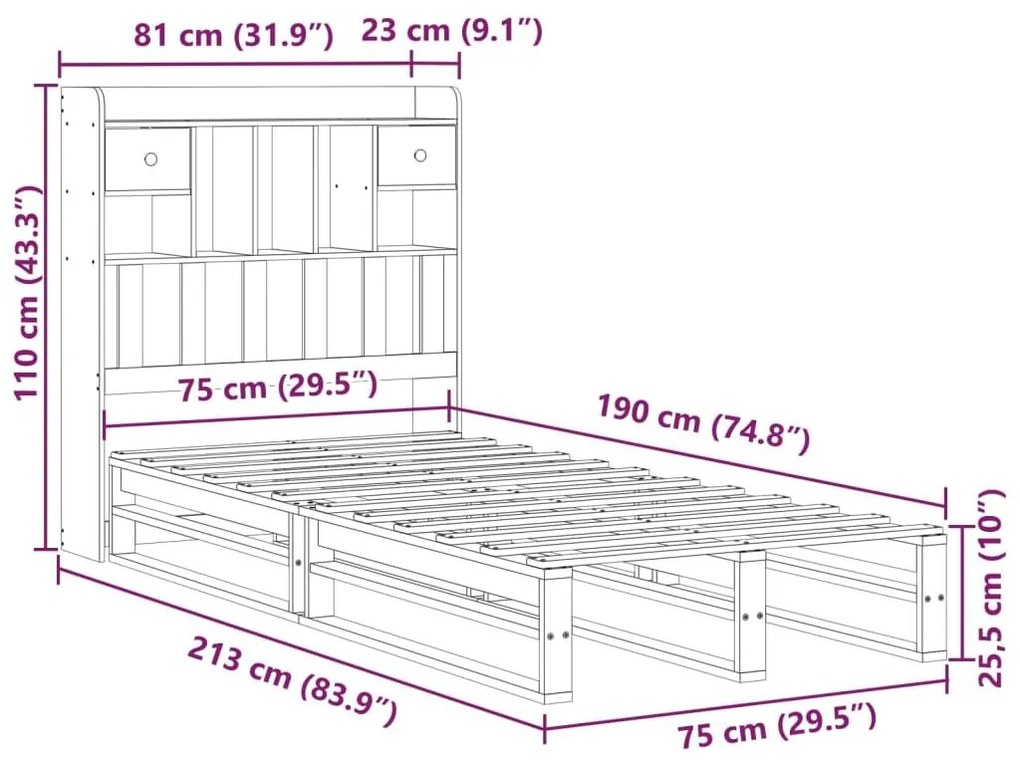 Κρεβάτι Βιβλιοθήκη Χωρίς Στρώμα 75x190 εκ Μασίφ Ξύλο Πεύκου - Καφέ