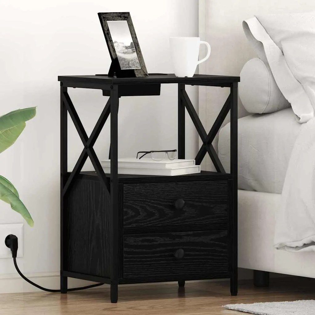 vidaXL Κομοδίνο με Σταθμό Φόρτισης 2 pcs Μαύρη δρυς Επεξεργασμένο ξύλο