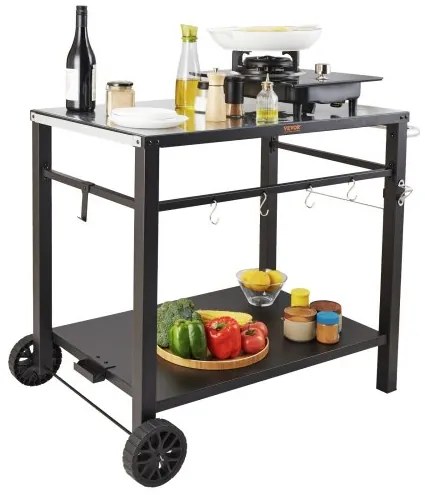 VEVOR Outdoor Grill Dining Cart with Double-Shelf, BBQ Movable Food Prep Table, Multifunctional Iron Table Top, Portable Modular Carts for Pizza Oven, Worktable with 2 Wheels, Carry Handle, Black