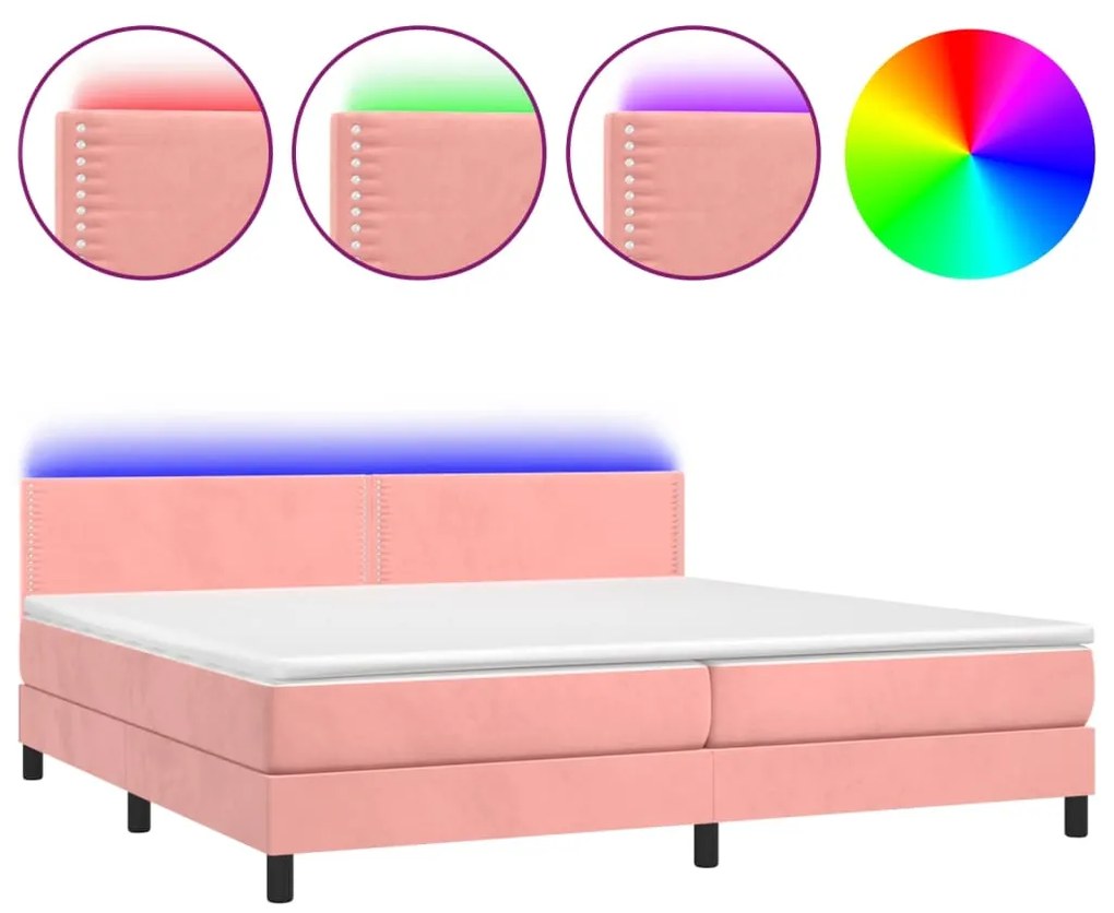 vidaXL Κρεβάτι Boxspring με Στρώμα & LED Ροζ 200x200 εκ. Βελούδινο