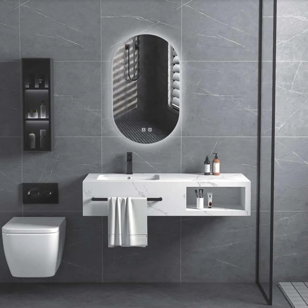 Έπιπλο Μπάνιου Πάγκος - Νιπτήρας Με Καθρέπτη Led Marlen 9SMAR080WHS 80x50x30/50x80cm Marble Effect White Πέτρα