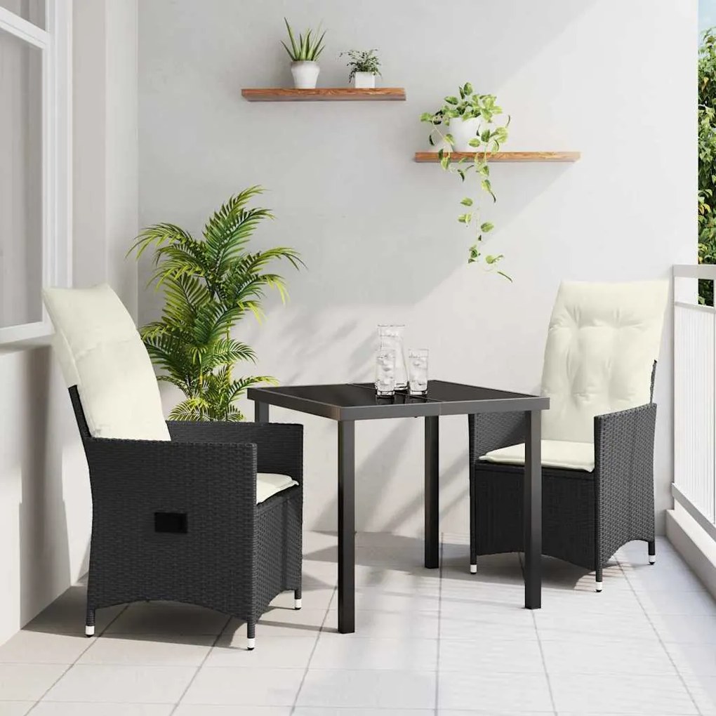 vidaXL Σέτ φαγητού για κήπο με μαξιλάρι 3 pcs Μαύρο Πολυ ράταν