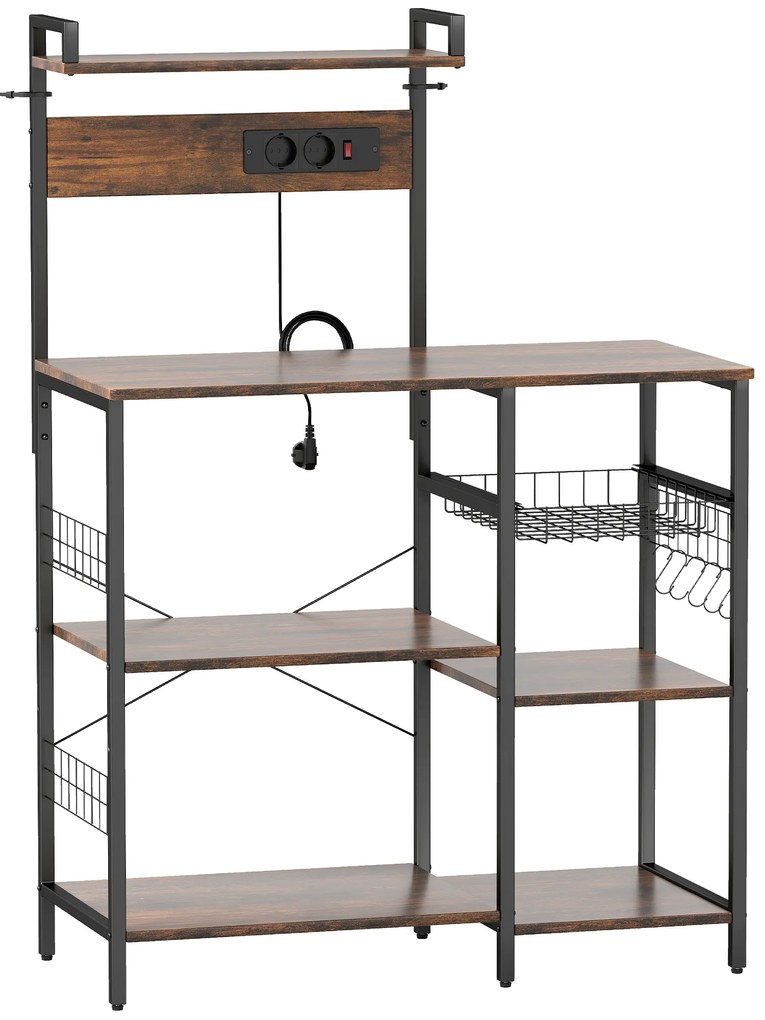Ράφι κουζίνας HOMCOM, ράφι δαπέδου με 2 πρίζες, 5 S-άγκιστρα, 5 ράφια, καλάθι, χαλύβδινες μπάρες Χ, 90 x 42 x 130 cm