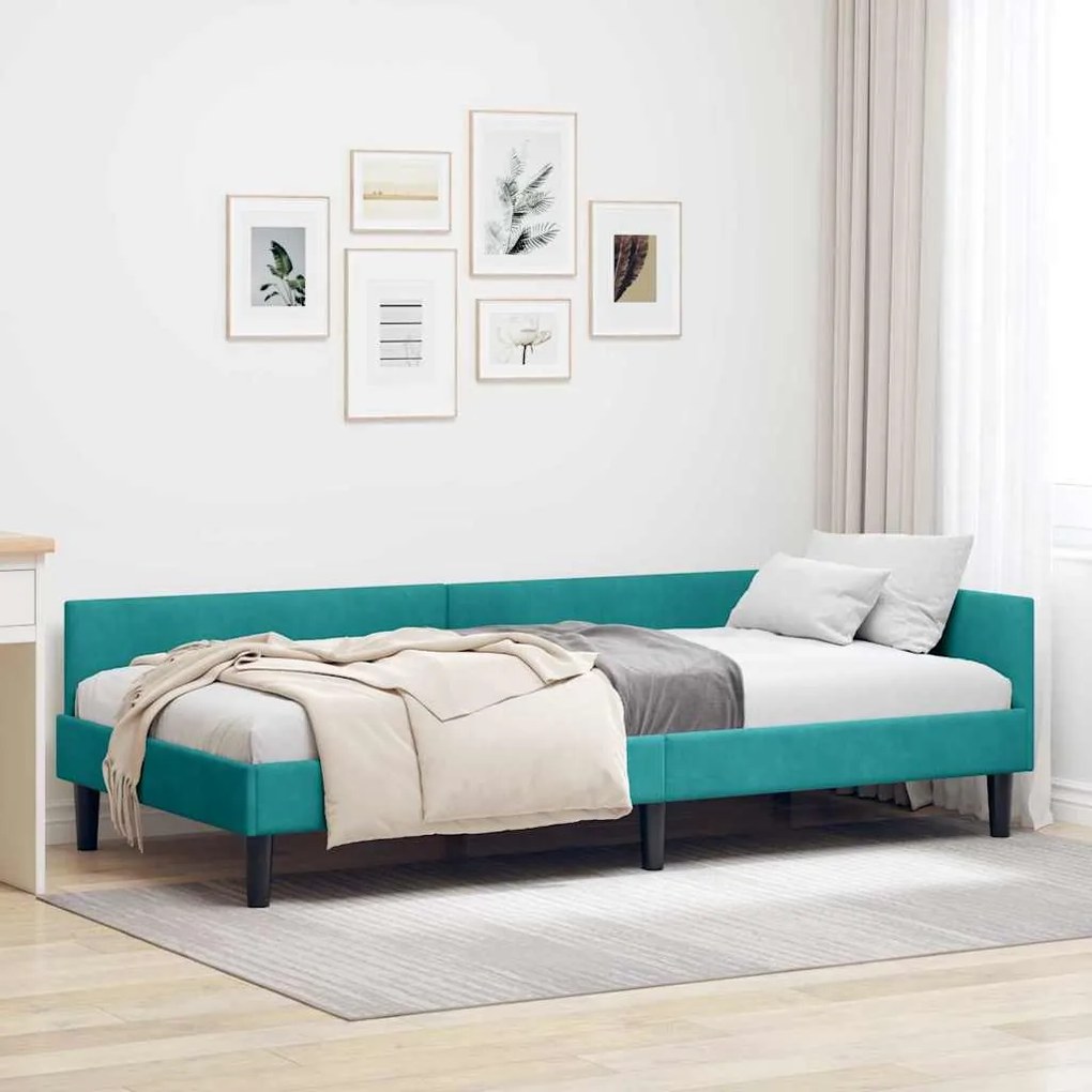 vidaXL Πλαϊνό Κρεβάτι Τιρκουάζ 100 x 200 cm Βελούδο και Στιβαρή ξυλεία