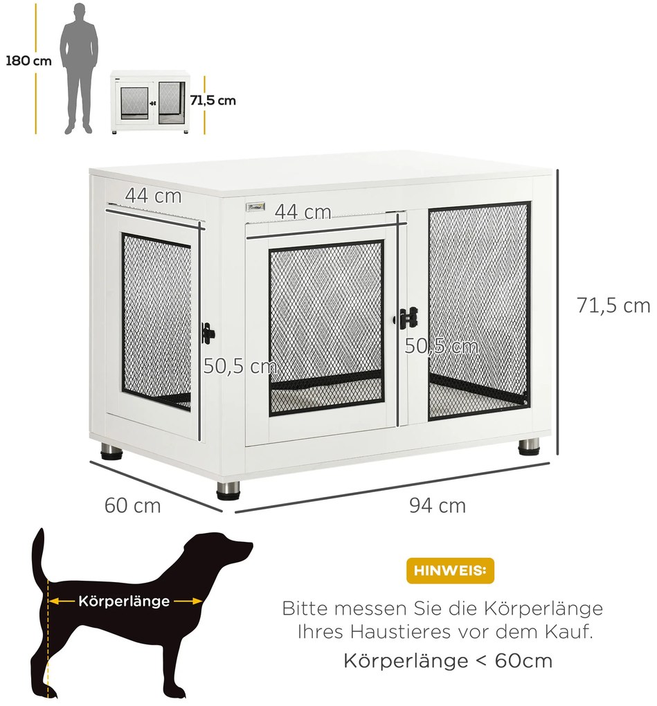 PawHut Κουτί σκύλου, με μαλακό χαλάκι, 2 πόρτες, κλειδώνει, Ατσάλι, Λευκό, 94 x 60 x 71,5 εκ.