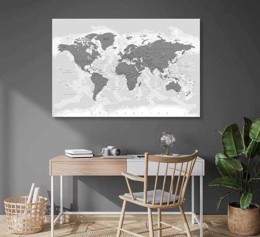 Εικόνα στον παγκόσμιο χάρτη φελλού με ασπρόμαυρη απόχρωση - 90x60  wooden