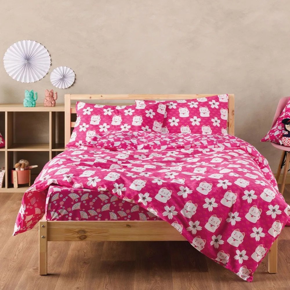 Παπλωματοθήκη Παιδική Maneki (Σετ 2τμχ) Fuchsia Kentia Μονό 165x245cm 100% Cotton