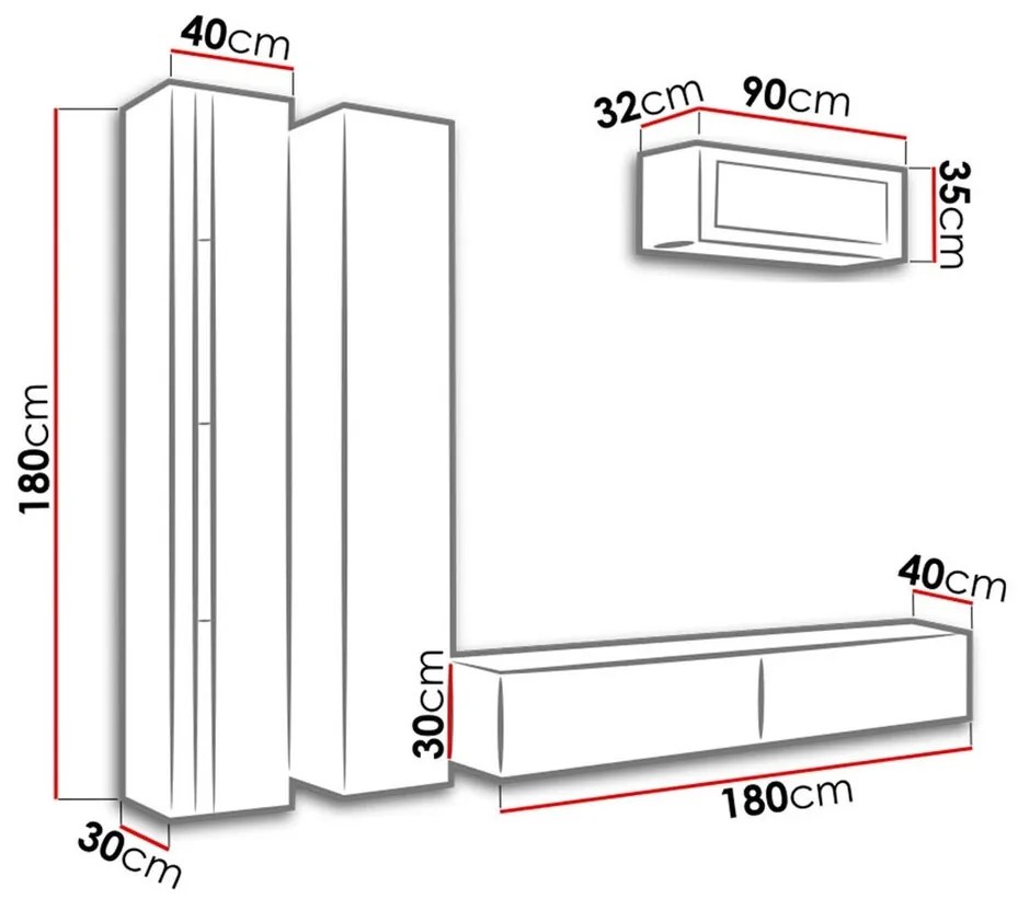 Σετ επίπλων Charlotte A133, Άσπρο, Γυαλιστερό λευκό, Ξεχωριστά μέρη, Με τραπέζι τηλεόρασης, 180x40cm, 99 kg | Epipla1.gr