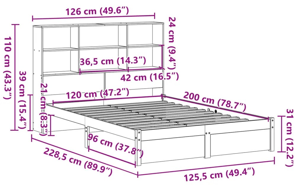 Κρεβάτι Βιβλιοθήκη Χωρίς Στρώμα 120x200 εκ Μασίφ Ξύλο Πεύκο - Καφέ