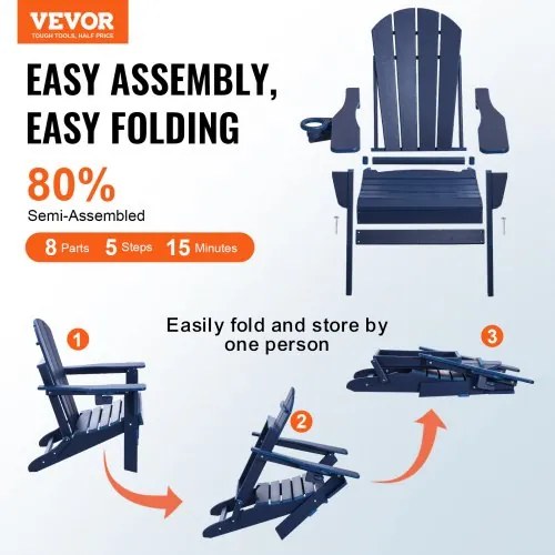 VEVOR Adirondack Chair Plastic Set of 2 All-Weather Folding Fire Pit Navy Blue