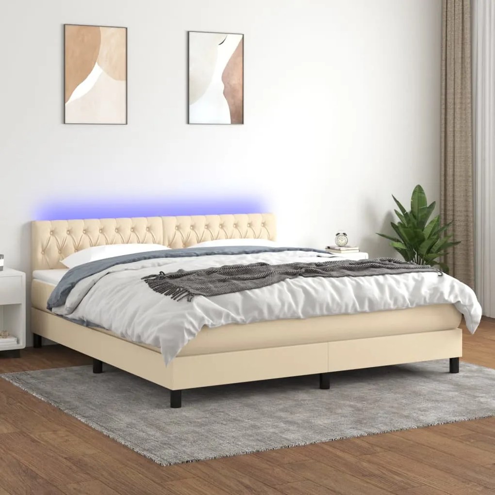 Κρεβάτι Boxspring με Στρώμα &amp; LED Κρεμ 180x200 εκ. Υφασμάτινο  - Κρεμ