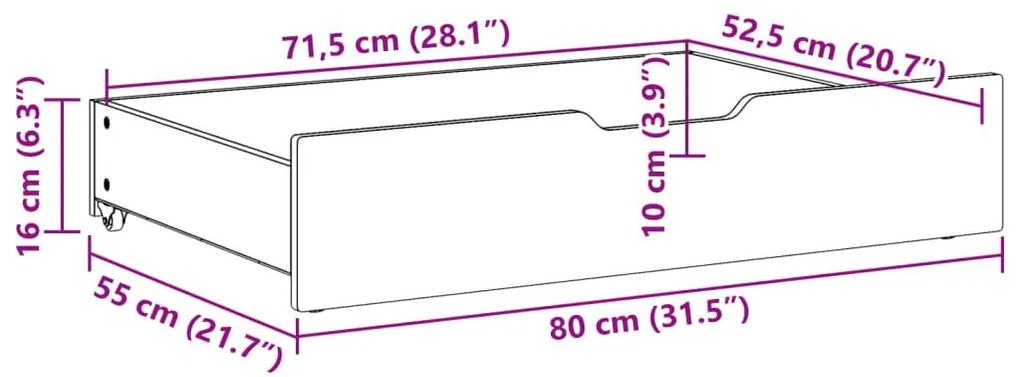 Συρτάρια Κρεβατιού με Ροδάκια 2 τεμ. 80x55x16 εκ. Μασίφ Πεύκο - Καφέ